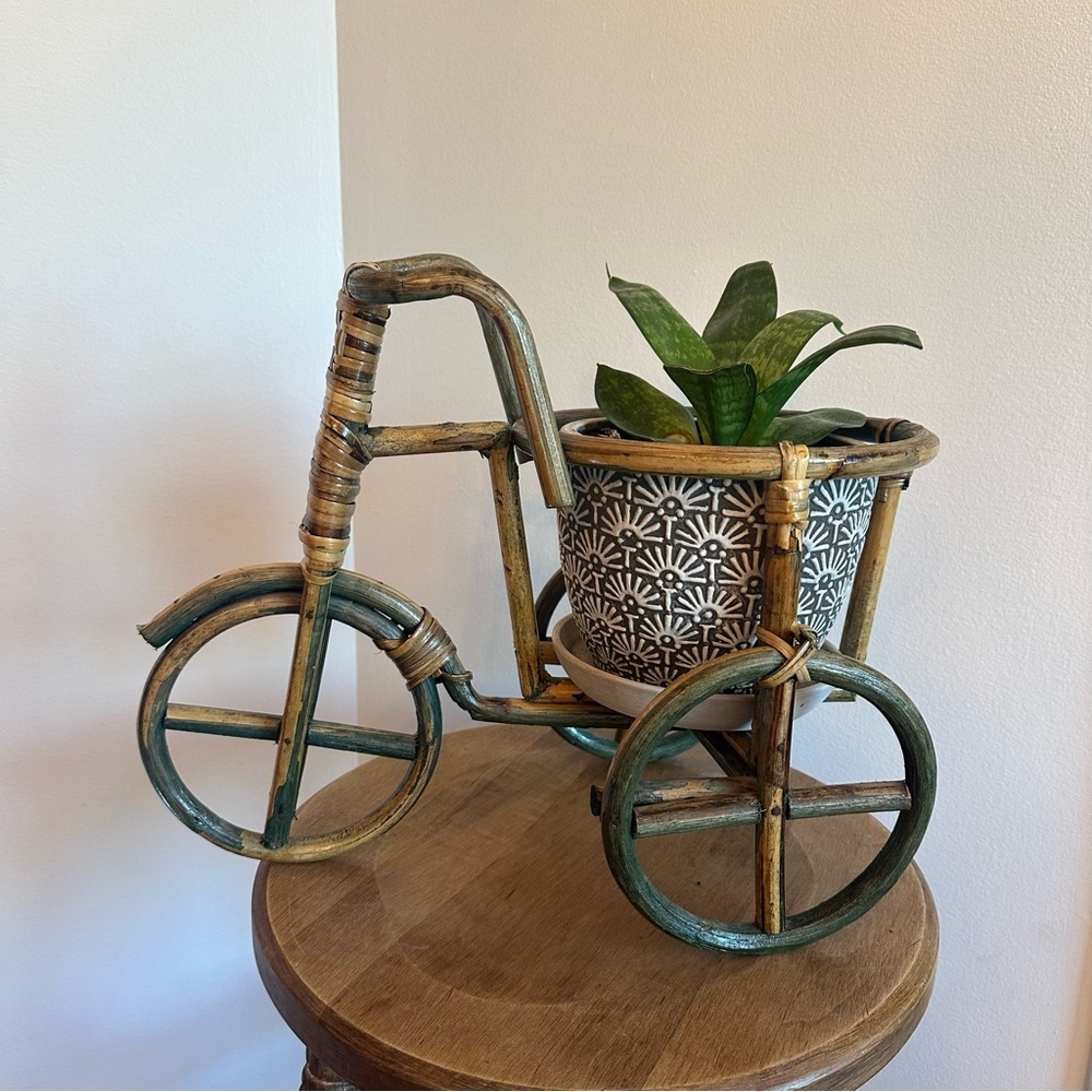 Vtg Bamboo Tricycle Bike Plant Stand Holder Wicker Rattan Boho NO PLANT OR POT